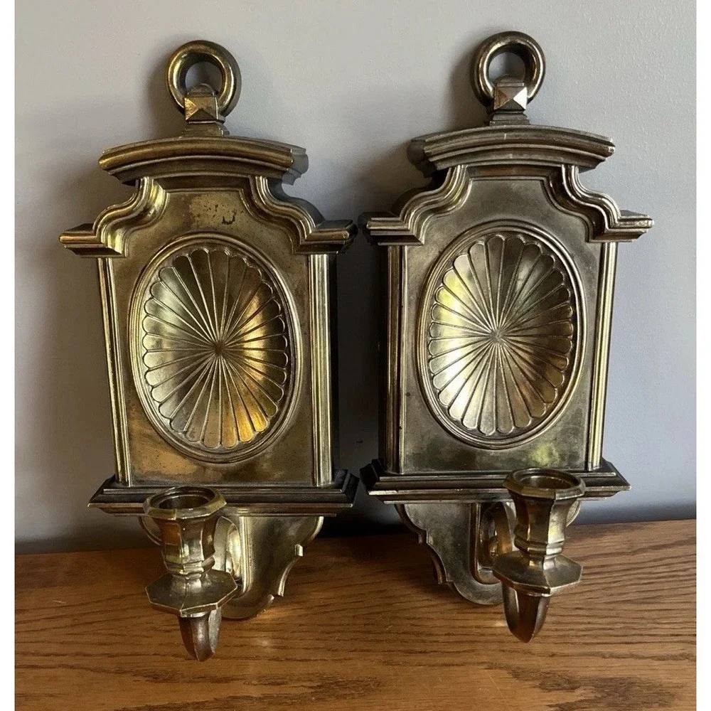 Vintage Homco 1970s Gold Tone Wall Sconce Candle Holders Ornate Set Of 2